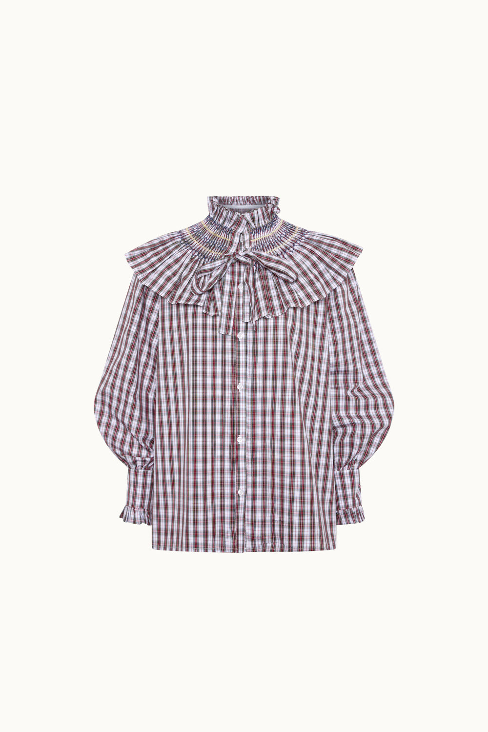 Modelo con camisa Marielle cuadros roja, estilo elegante sofisticado
