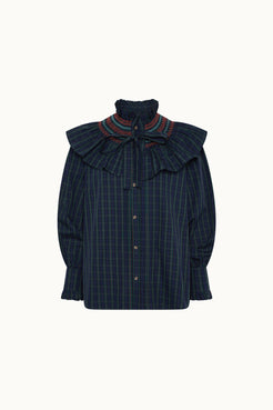 Modelo con camisa Marielle cuadros azul, estilo elegante sofisticado
