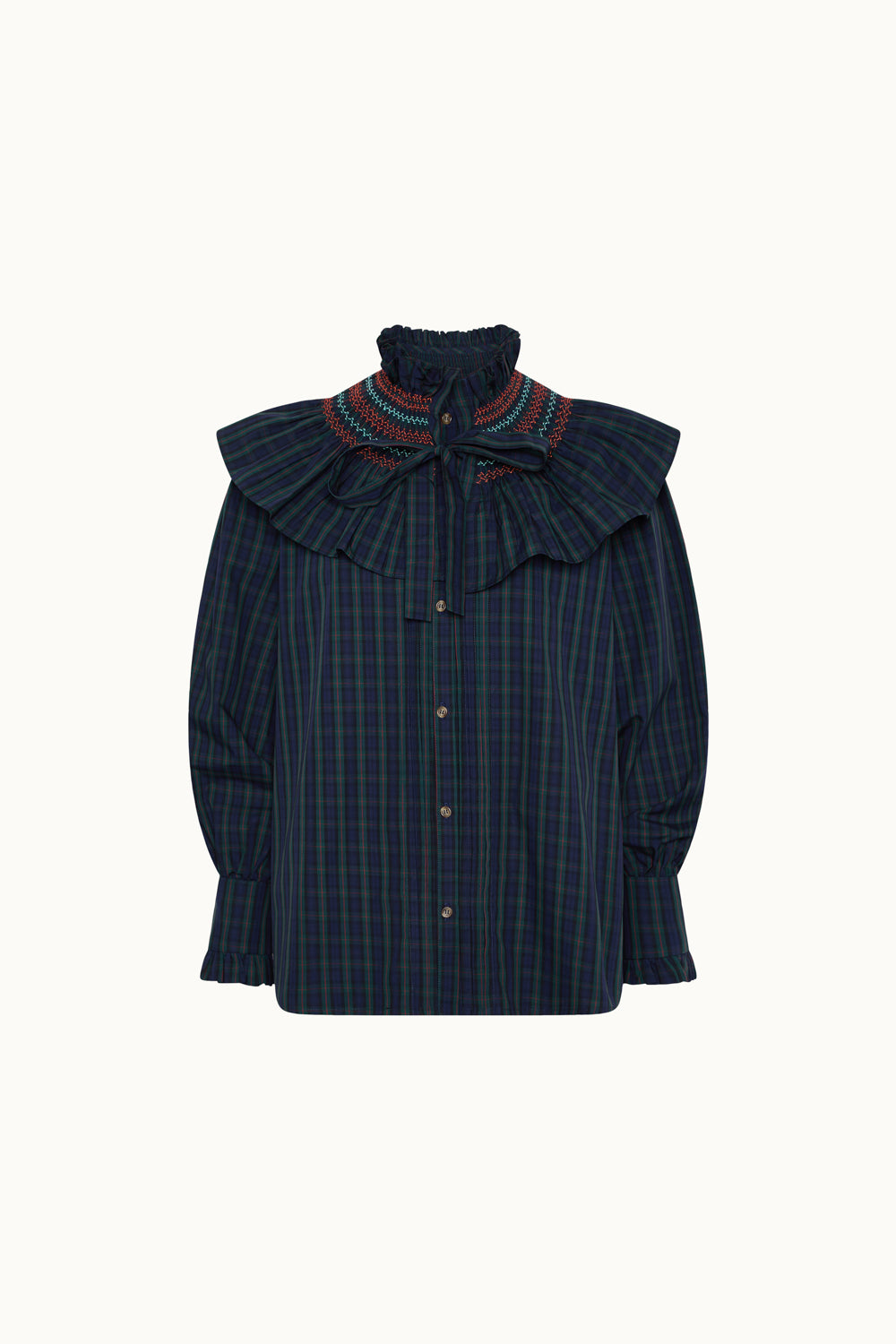 Modelo con camisa Marielle cuadros azul, estilo elegante sofisticado
