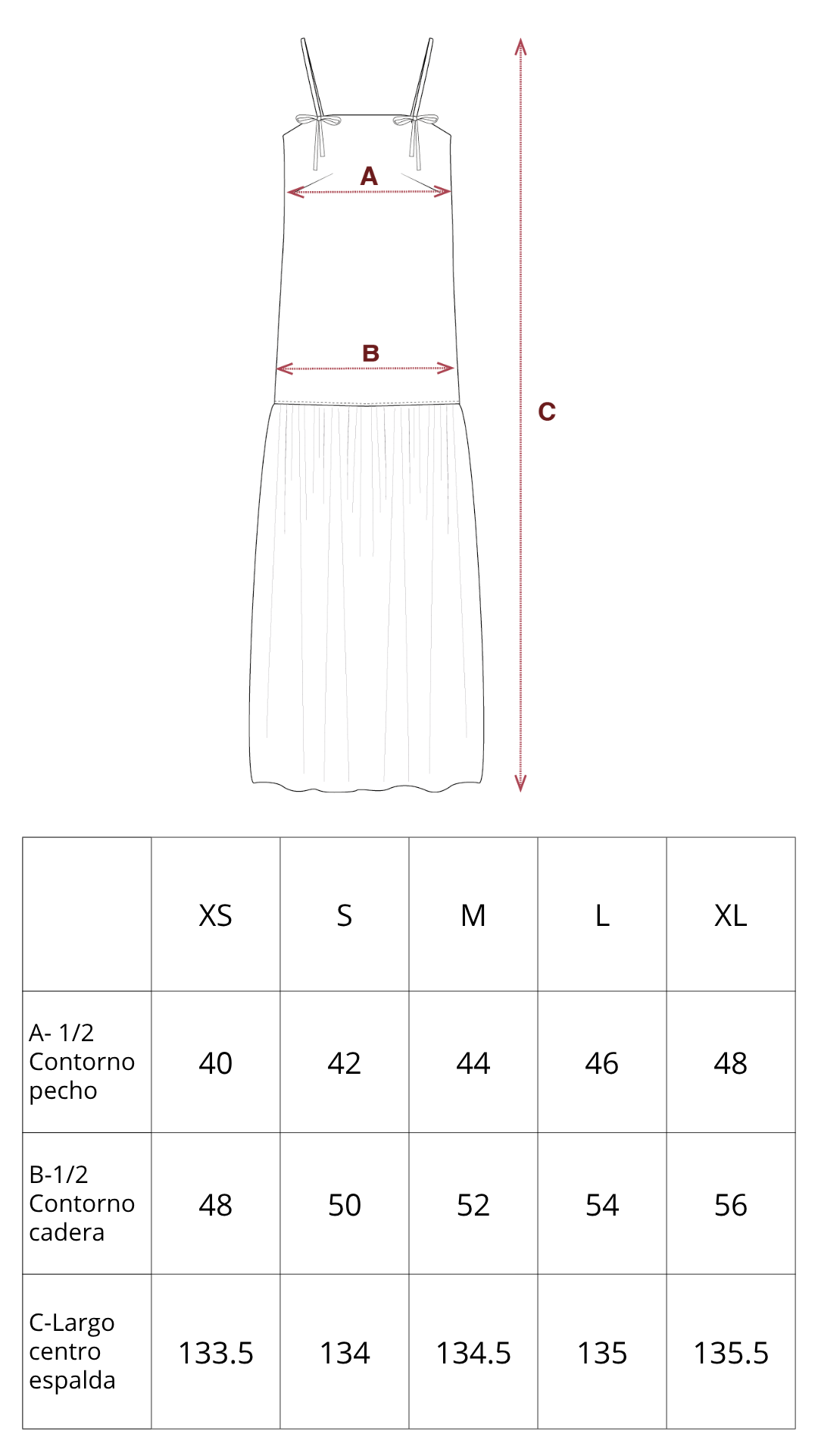 Guía de tallas de Sophia Dress