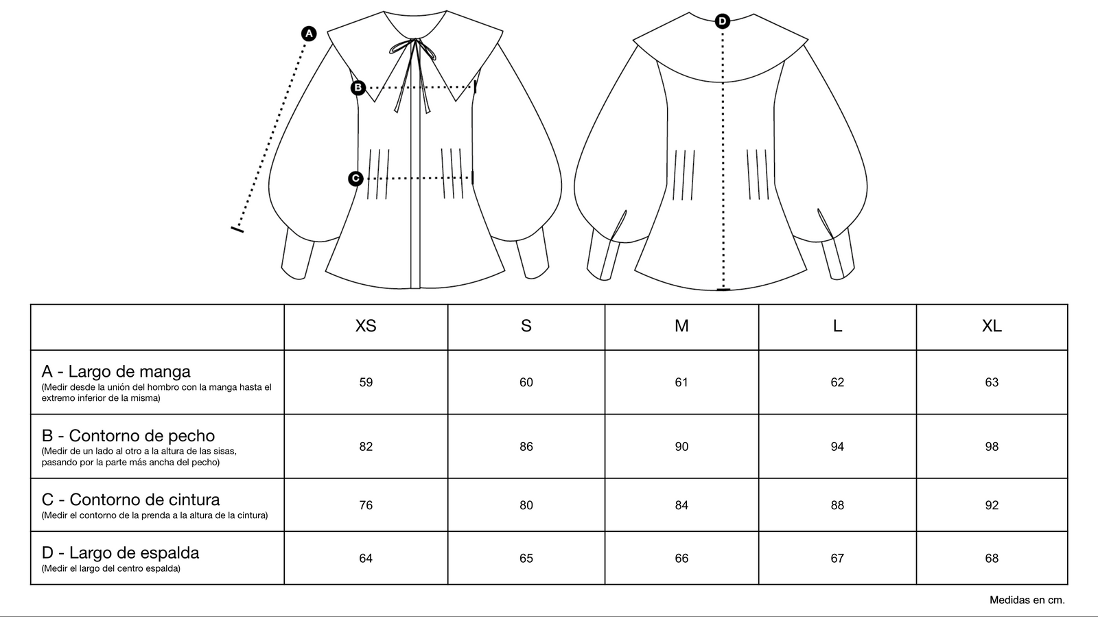 Guía de tallas de Bianca Shirt