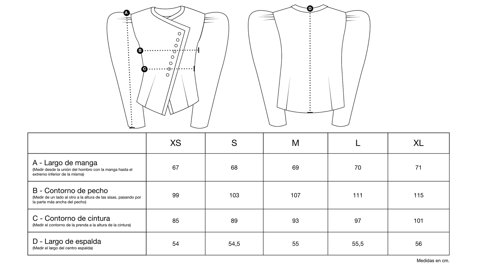 Guía de tallas de Jasmina Jacket