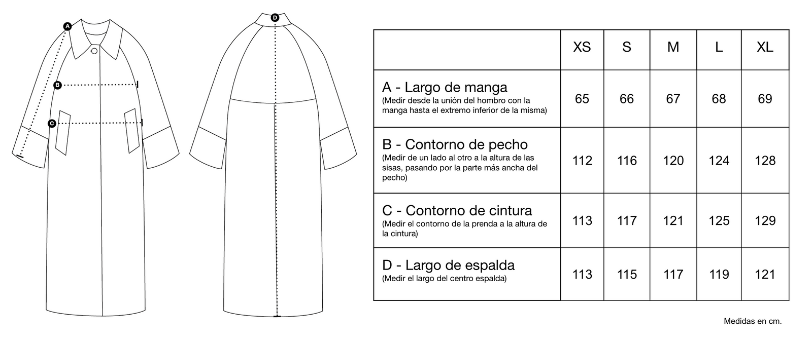 Guía de tallas de Cassandra Trench
