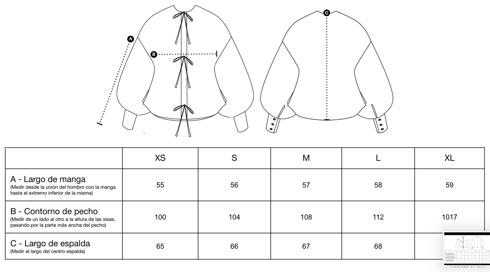 Guía de tallas de Clia Jacket