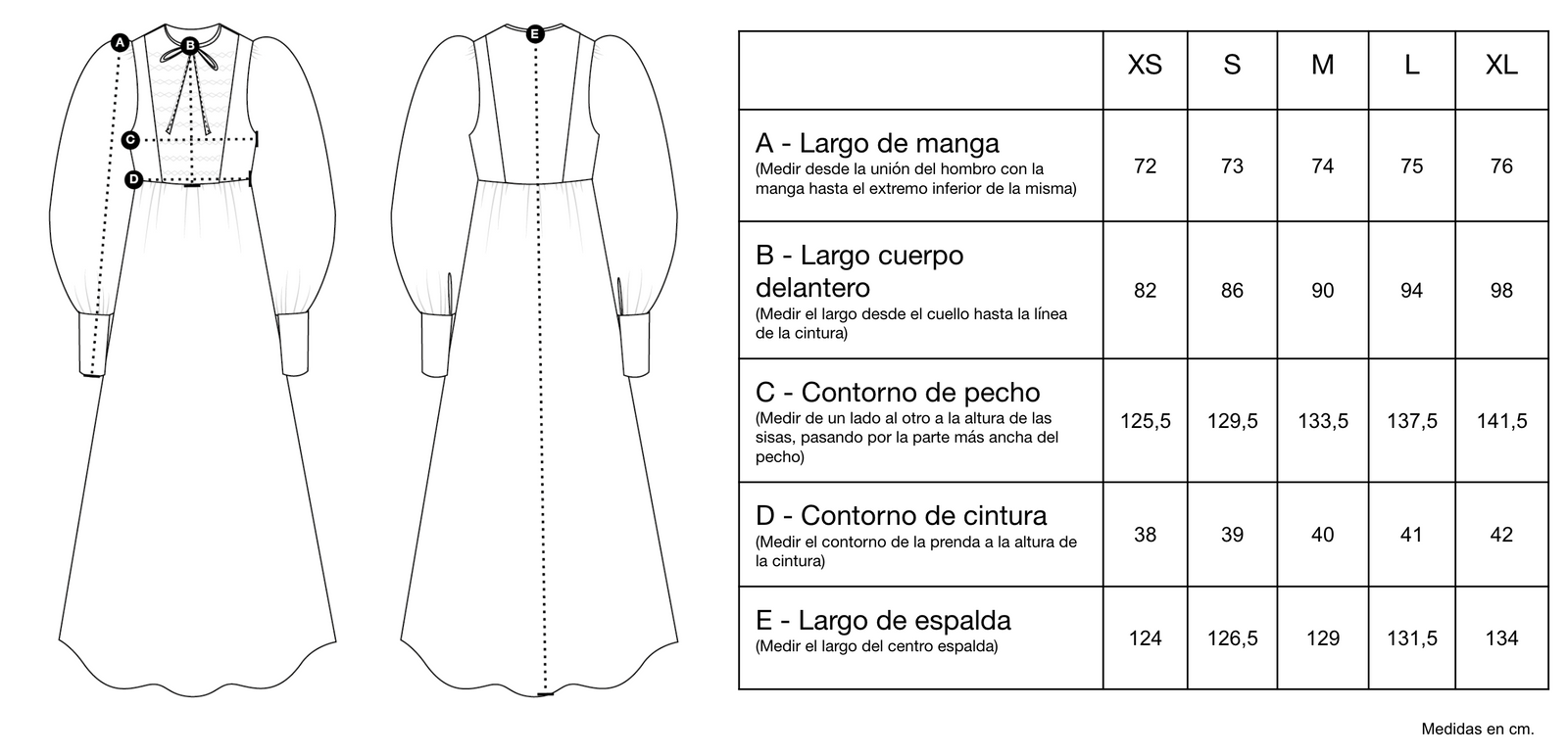 Guía de tallas de Martha Dress
