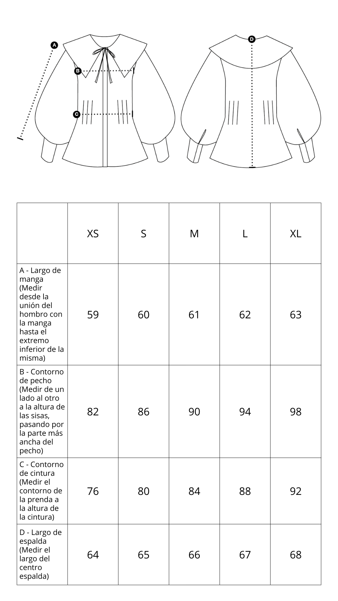 Guía de tallas de Bianca Shirt