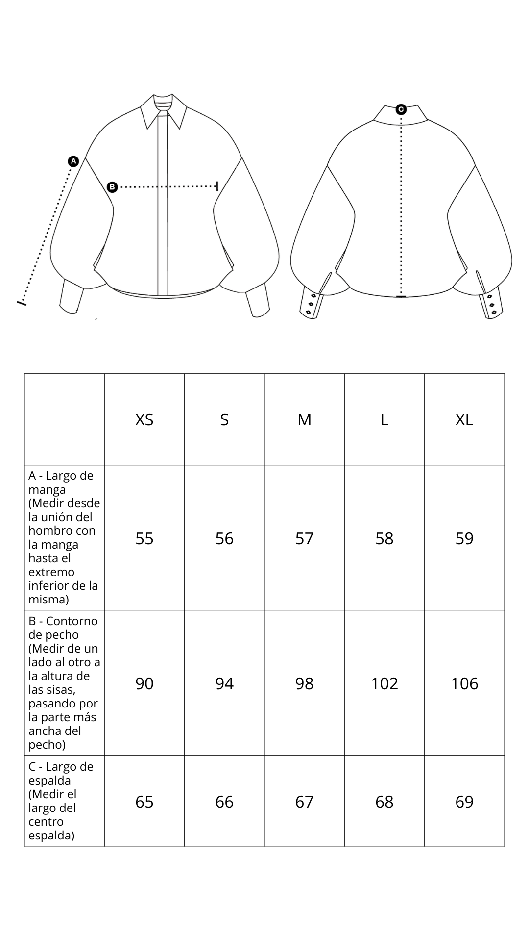 Guía de tallas de Zinia Shirt