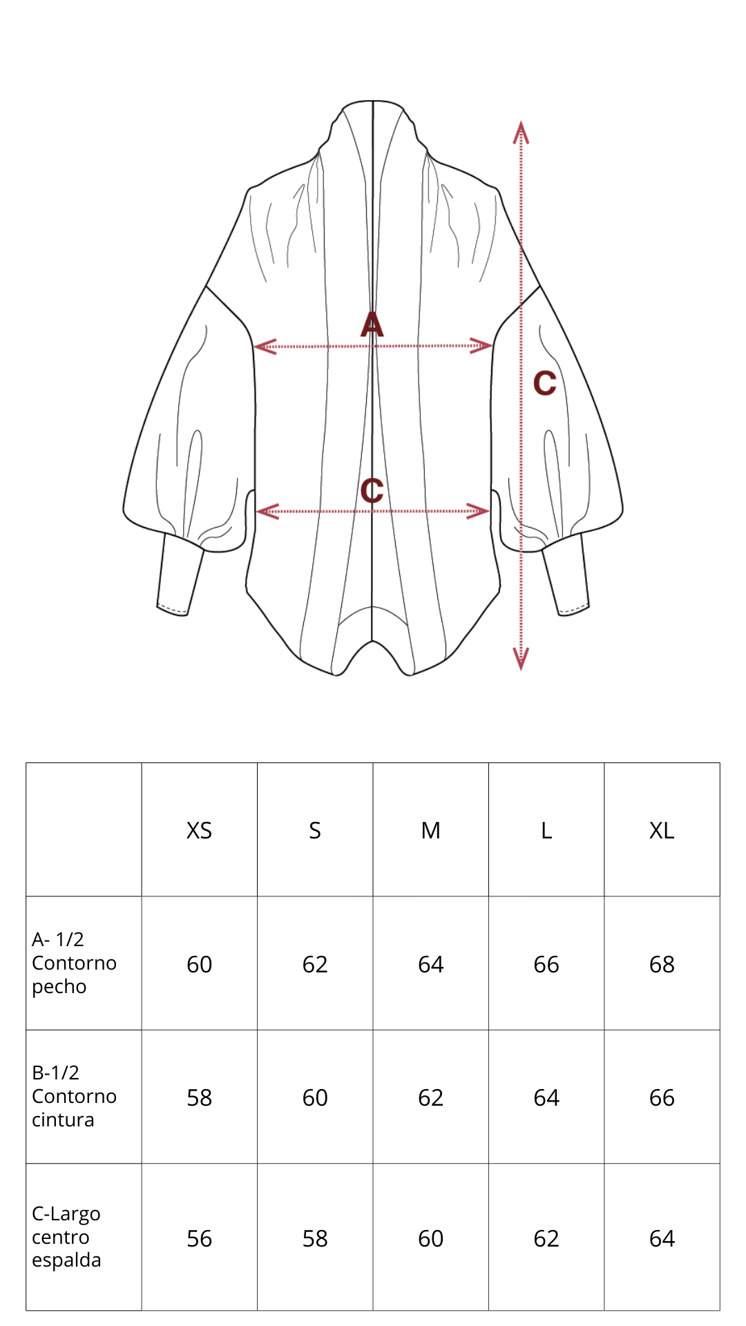 Guía de tallas de Fresia Kimono