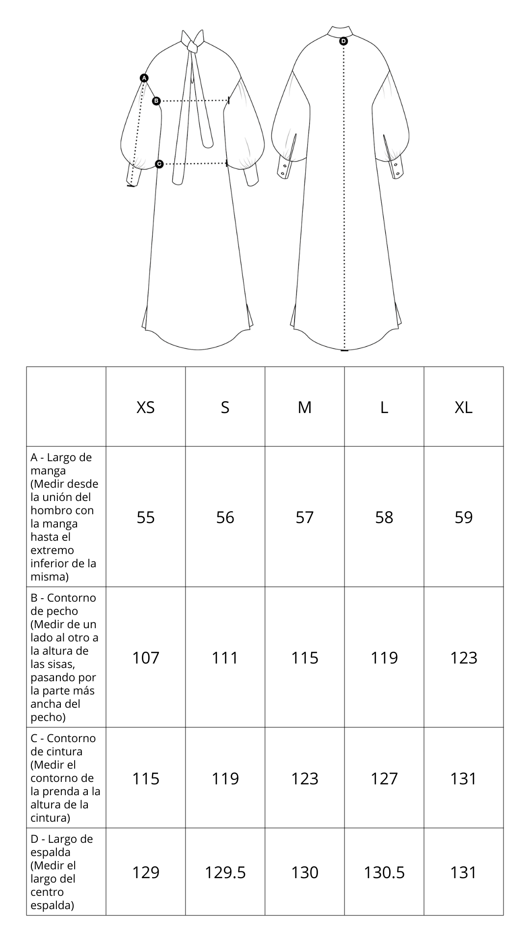 Guía de tallas de Dante Dress